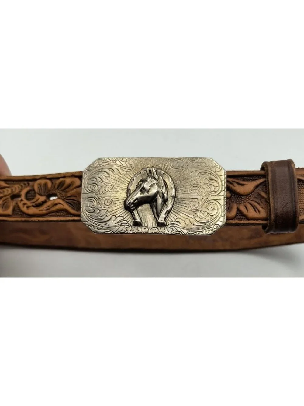 Vintage Tooled Leather Belt With Horse Head Buckle Western Style 24
